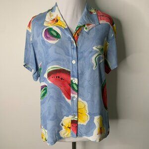 Vintage Tessuto Blue Fruit Print Short Sleeve Button Down Shirt Blouse Size S
